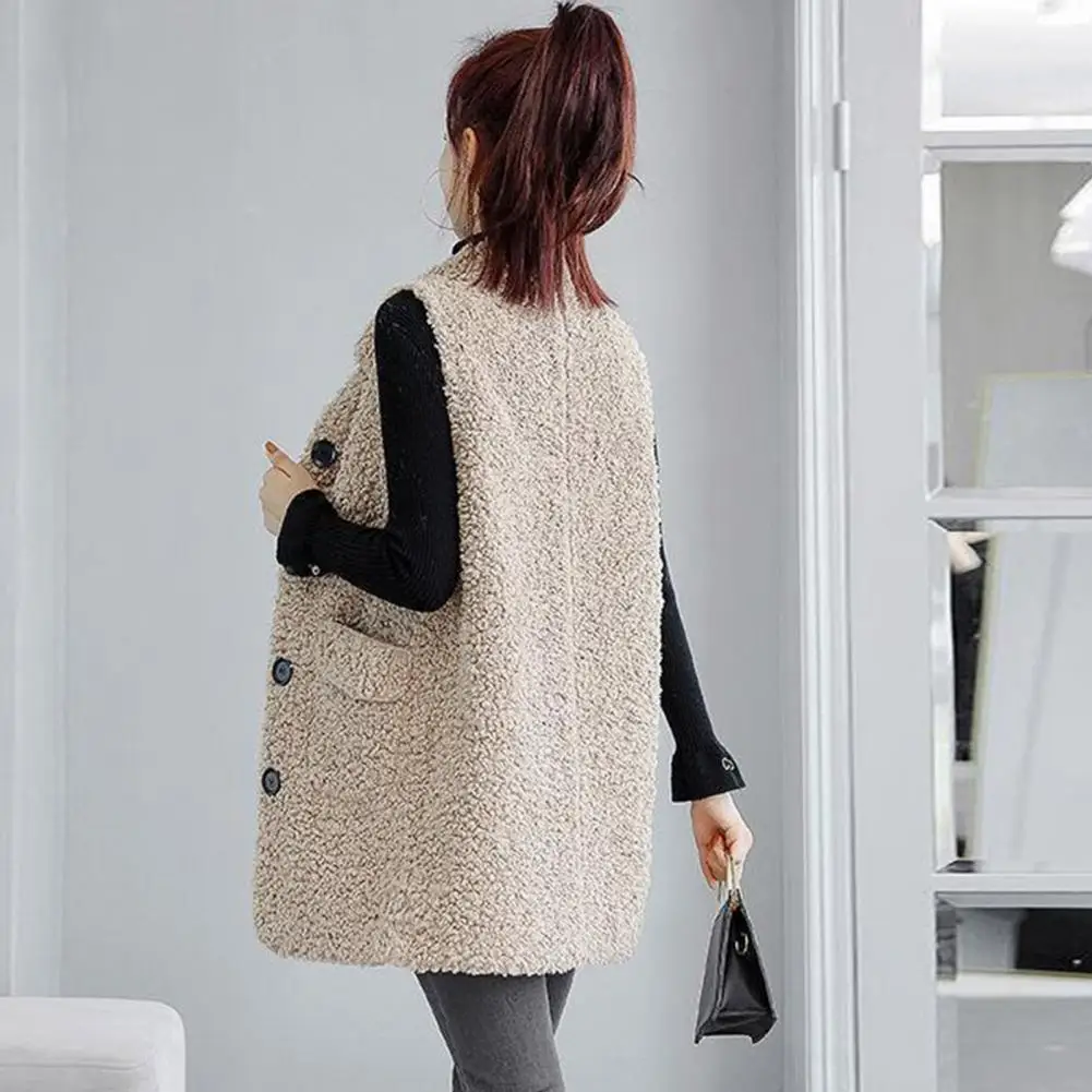 Winter Fleece Lady Weste mittellange einreihige Taschen Weste Mantel einfarbige Revers ärmellose Lady Jacke für den täglichen Gebrauch