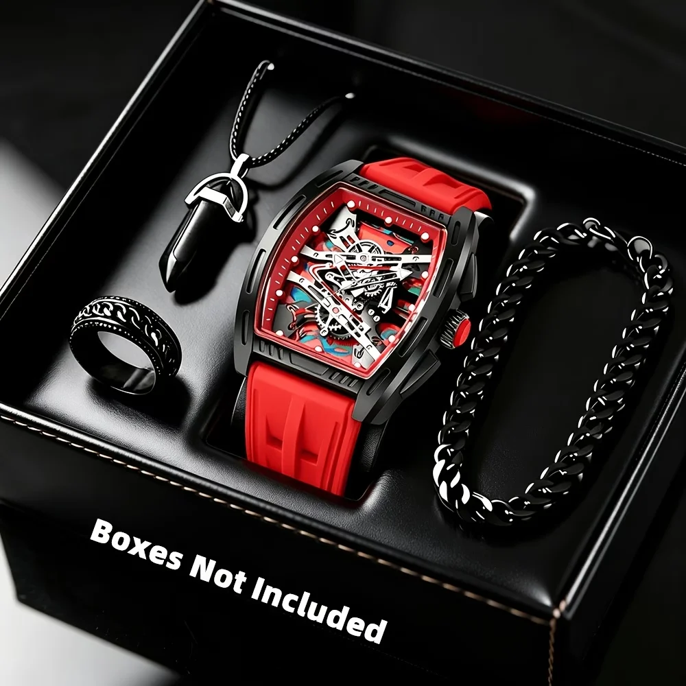 4PCS Fashion Tonneau Dial Men Quartz Watch Jewelry Set Silicone Strap Analog Sport Wristwatches Relogio Masculino（Without Box）