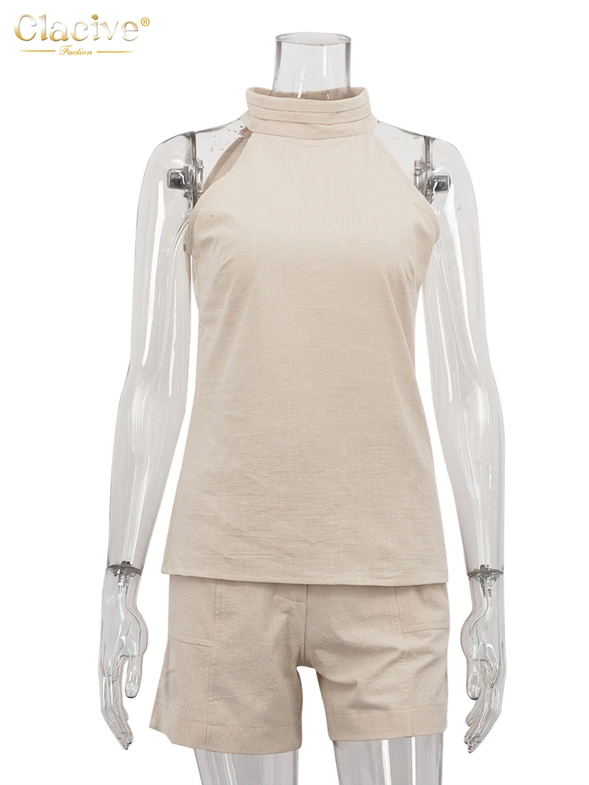 Clacive Mode Losse Kaki Katoen 2-delige Sets Vrouw Outfit 2025 Zomer Mouwloze Tank Top Met Hoge Taille Shorts Set Vrouwelijke