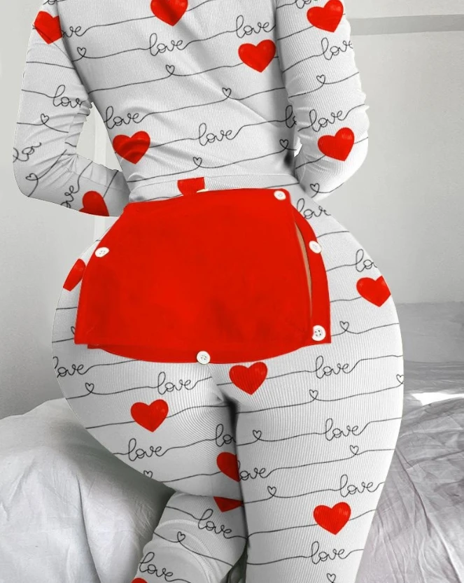 

Women's Jumpsuit Casual Fashion Sexy V-Neck Long Sleeve Heart Letter Print Functional Buttoned Flap Skinny Sleep Onesie