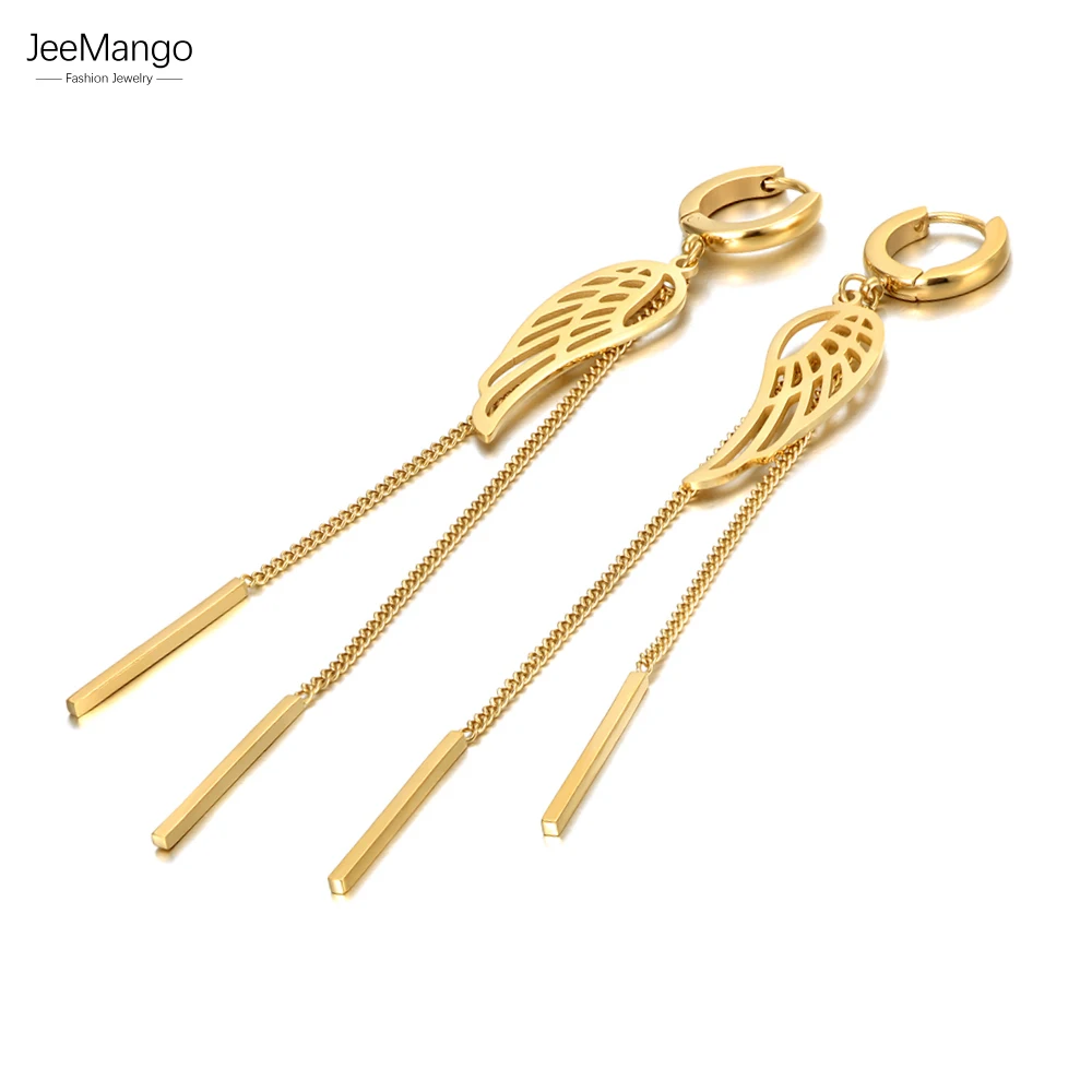 

JeeMango Bohemia Long ChainTassel Hoop Earrings Trendy Stainless Steel Wings Earring For Women Girl boucle oreille femme JE21057