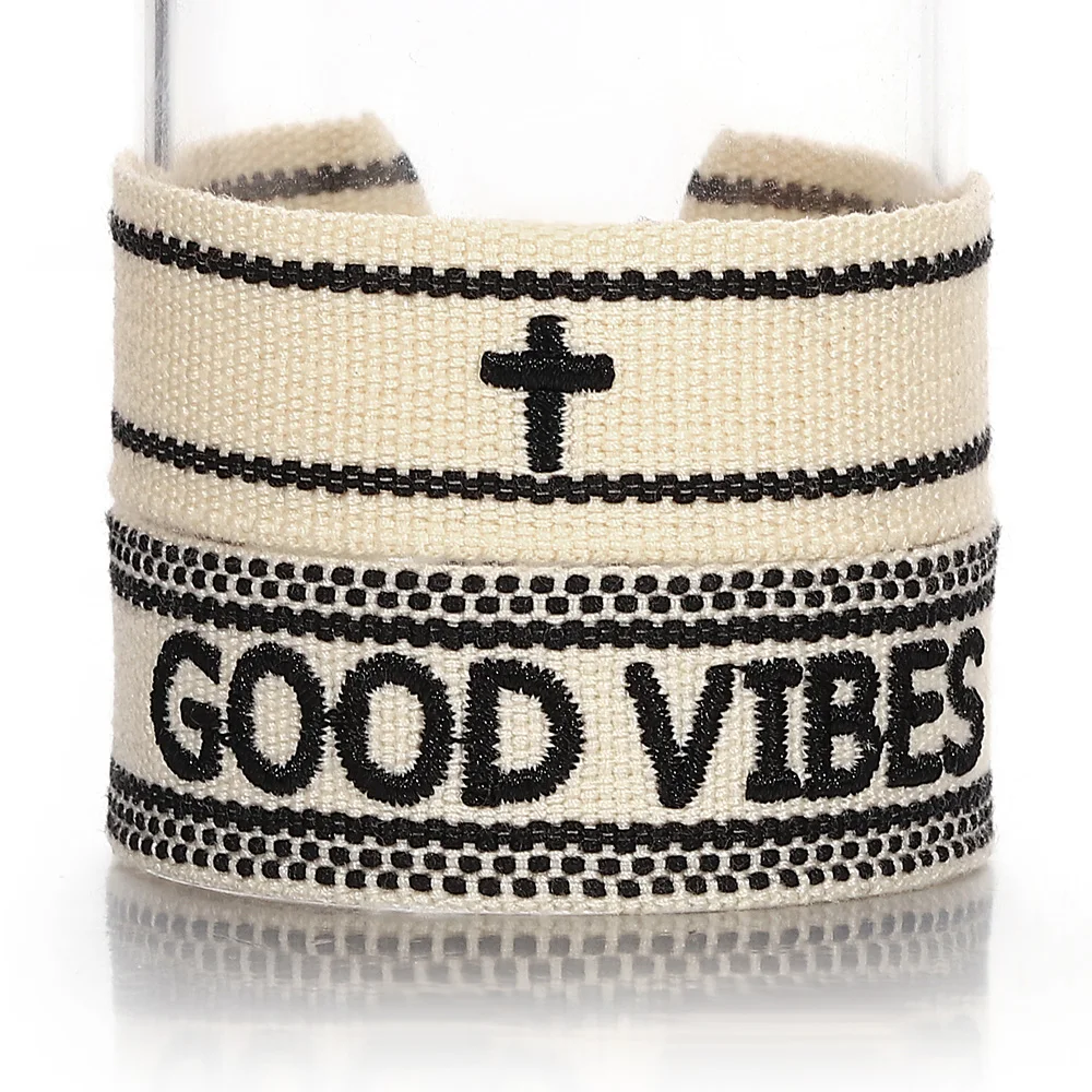 Boho Letter Cross Embroidery Hand Woven Wrist Bracelet Adjustable Stackable Cotton Fabric Knitted Tassel Bracelets Jewelry Gifts