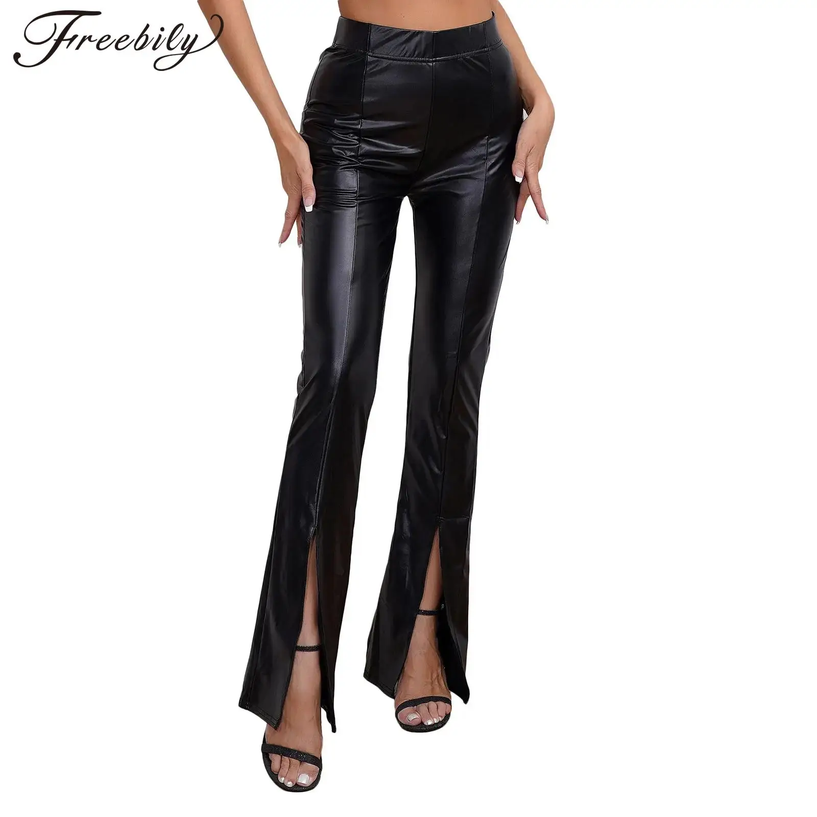 

Womens PU Leather Flare Pants High Waist Split Hem Slacks Elastic Waist Slim Fit Bell Bottom Long Pants Sexy Club Party Trousers