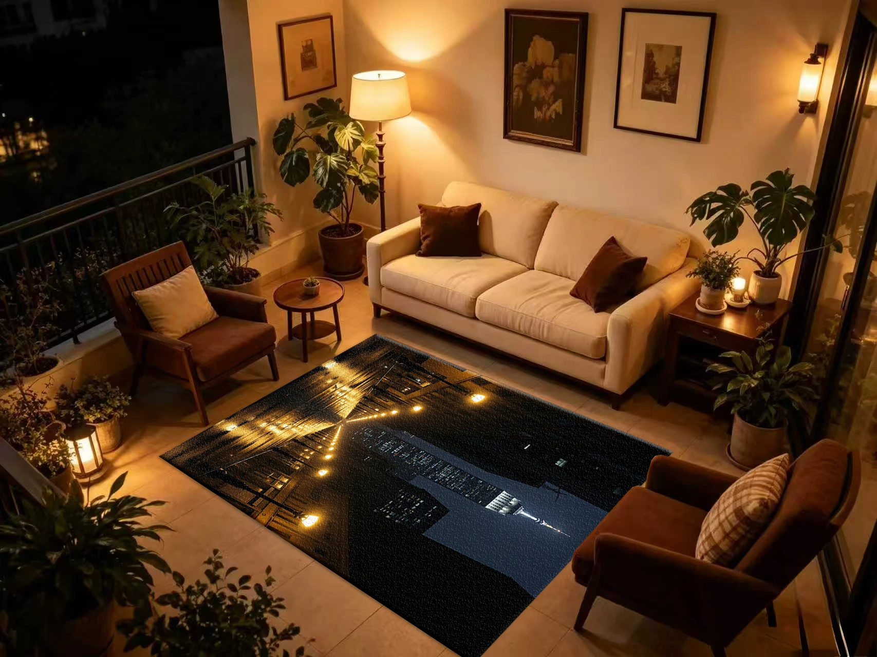 Night City Wet Street Skyscraper View Carpet Flooring, Urban Night Scene Non-Slip Area Rug for Living Room Study Home Floor Decor
