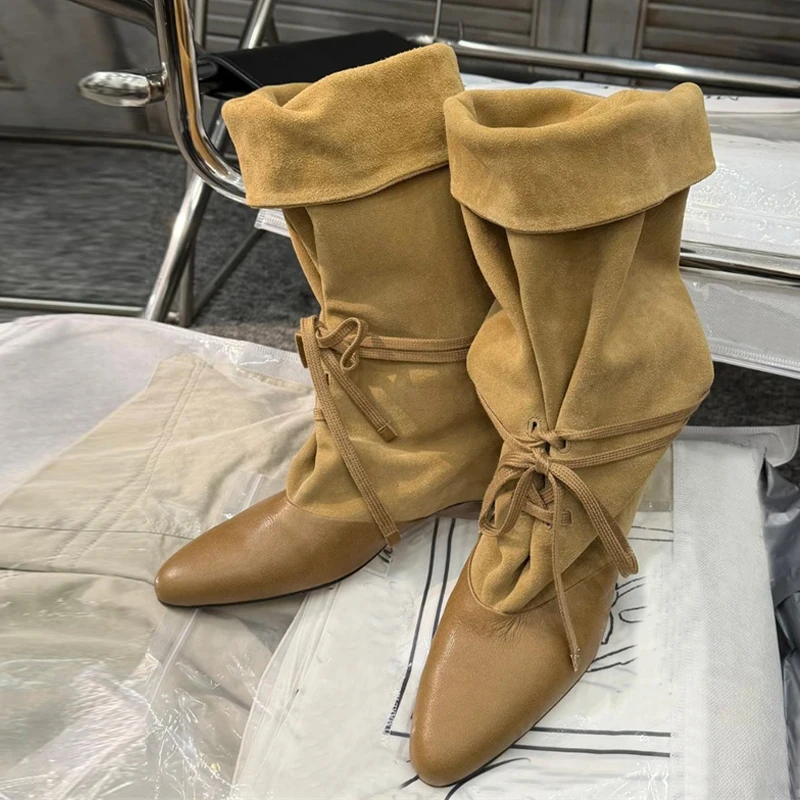 Liyke Fashion Cross Lace Up Pleated Suede Stacked Heap Ankle Boots Women Winter Street Pointed Toe Low Heels Western Cowboy Shoe