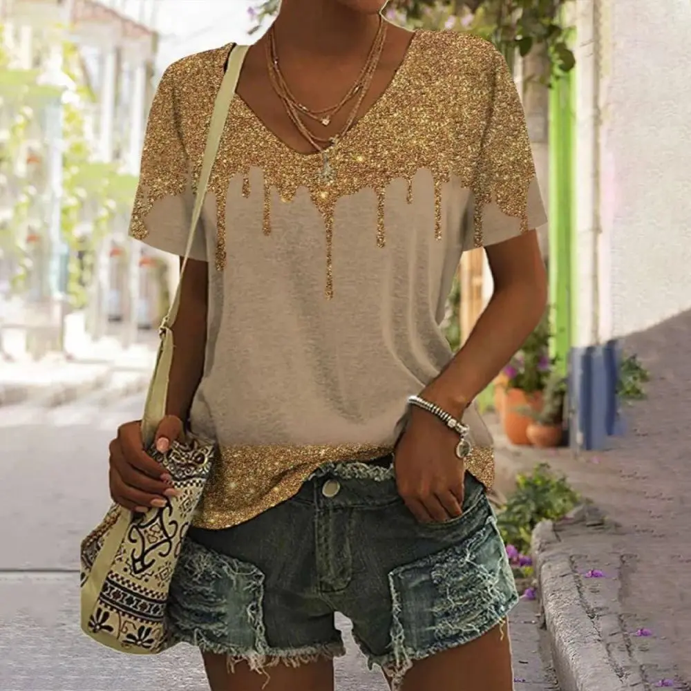 Nowa letnia oddychająca koszulka 3D Gold Glitter Sequin Printed V Neck Shirt Tops Women Street Luxury Oversized Tops Short Sleeve