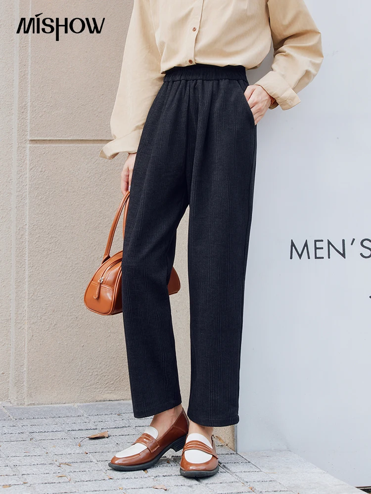 MISHOW Corduroy Straight Pants for Women 2024 Autumn Casual Elastic High Waist Pocket Solid Ankle Length Pencil Pants MXC47K0466