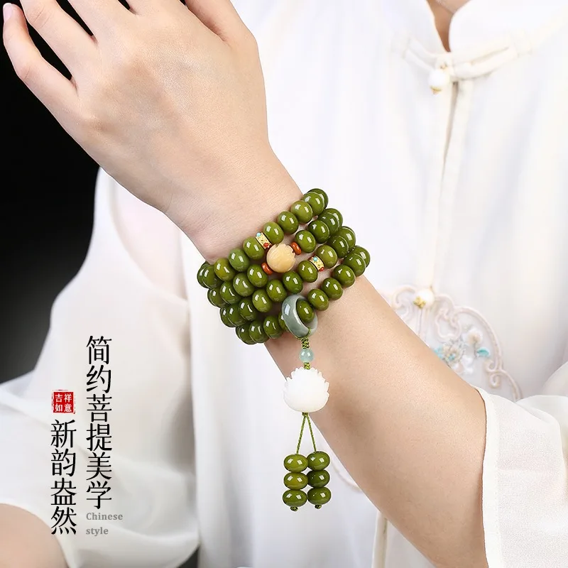 Green Bodhi Bead Bracelet 108 Beads Handheld Wristband Prayer Mala Necklace for Men Women Meditation Gifts
