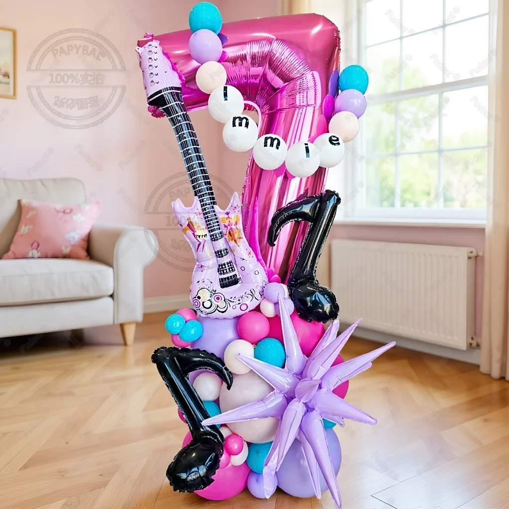 66-teiliges Pop-Musik-Gitarren-Party-Ballon-Set, rosarote digitale und violette Gitarre, Supernova und schwarze Musiknote und Stern-Ballon