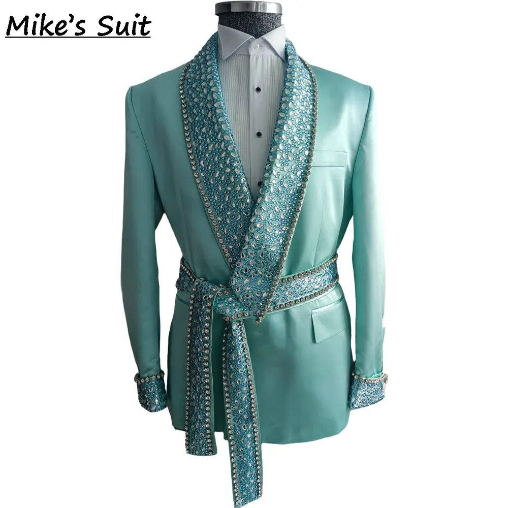Mint Green Crystal Gem Formal Men Suits With Belt For Prom Wedding Groom Tuxedo 2 Pieces Man Suit Jacket And Pants Custom Made