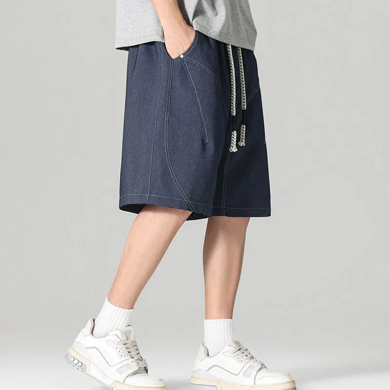 Summer Men's Ice Silk Denim Shorts American Casual Fashion Loose Breathable Street Style Male Simple Splicing Shorts