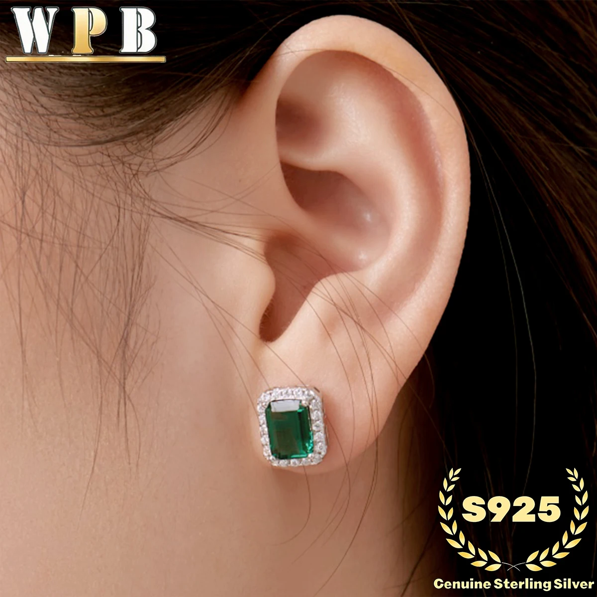 S925 Sterling Silver Stud Earrings Emerald Green Zircon Four Prong Double Halo for Women Classic Formal Wedding Bridal Jewelry