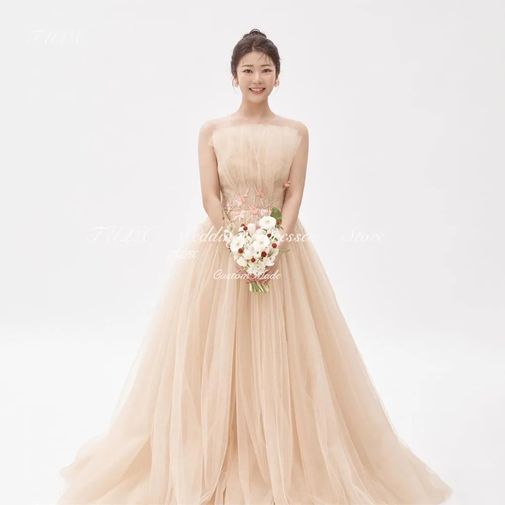 TULX Princess Tulle Flower Decoration Evening Dresses Korea Wedding Photo Shoot Strapless Long Formal Party Dress Customized