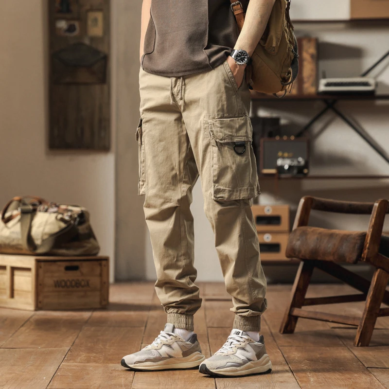 Summer Men's Solid Color Washed Wear-Resistant Multi-Pocket Work Pants Ankle Tied Casual American Street Fashion