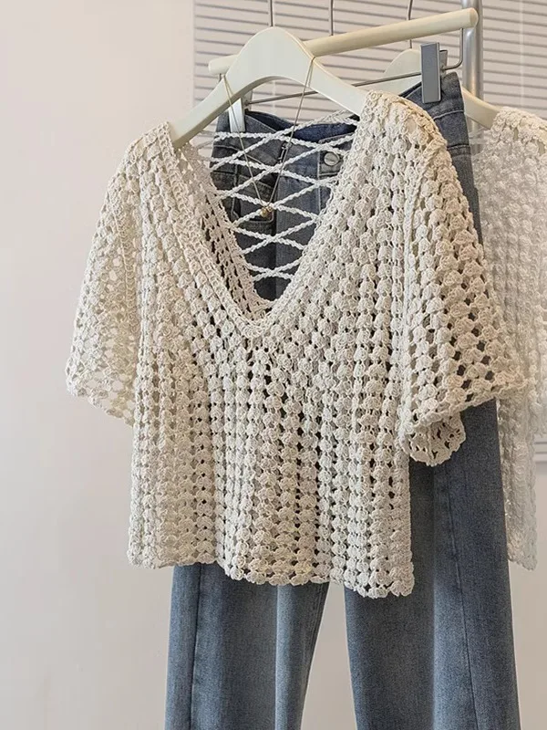 

n Sle Hollow out Knitwear ort Sve Women's Summer plus Size Layered irt Belt Bal Top Korean Loose Fit