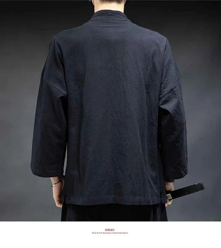 2024 New high quality cotton blended linen Japanese fashion men's kimono, Samurai Japanese clothing trench jacket