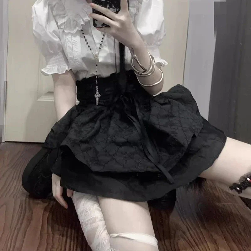 夏の新パンクパッチワークプリーツスカート女性のファッション包帯弓ハイウエスト A ラインスカート美的レディースミニスカート