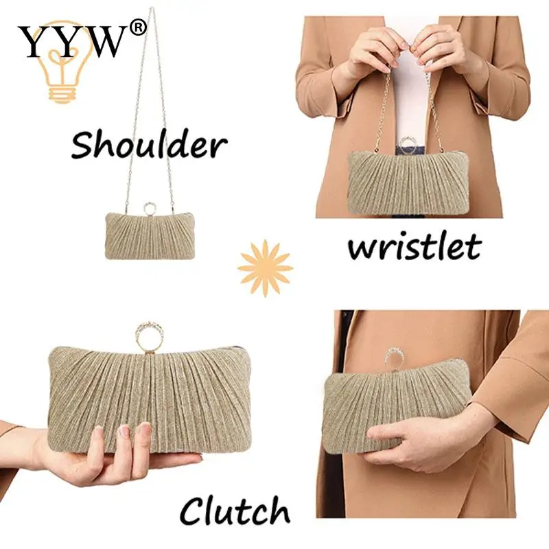 Women\'s Glitter Evening Clutch Handbags Pleated Party Bag for Bridal Wedding Party with Rhinestone Ring Shoulder Messenger Bags