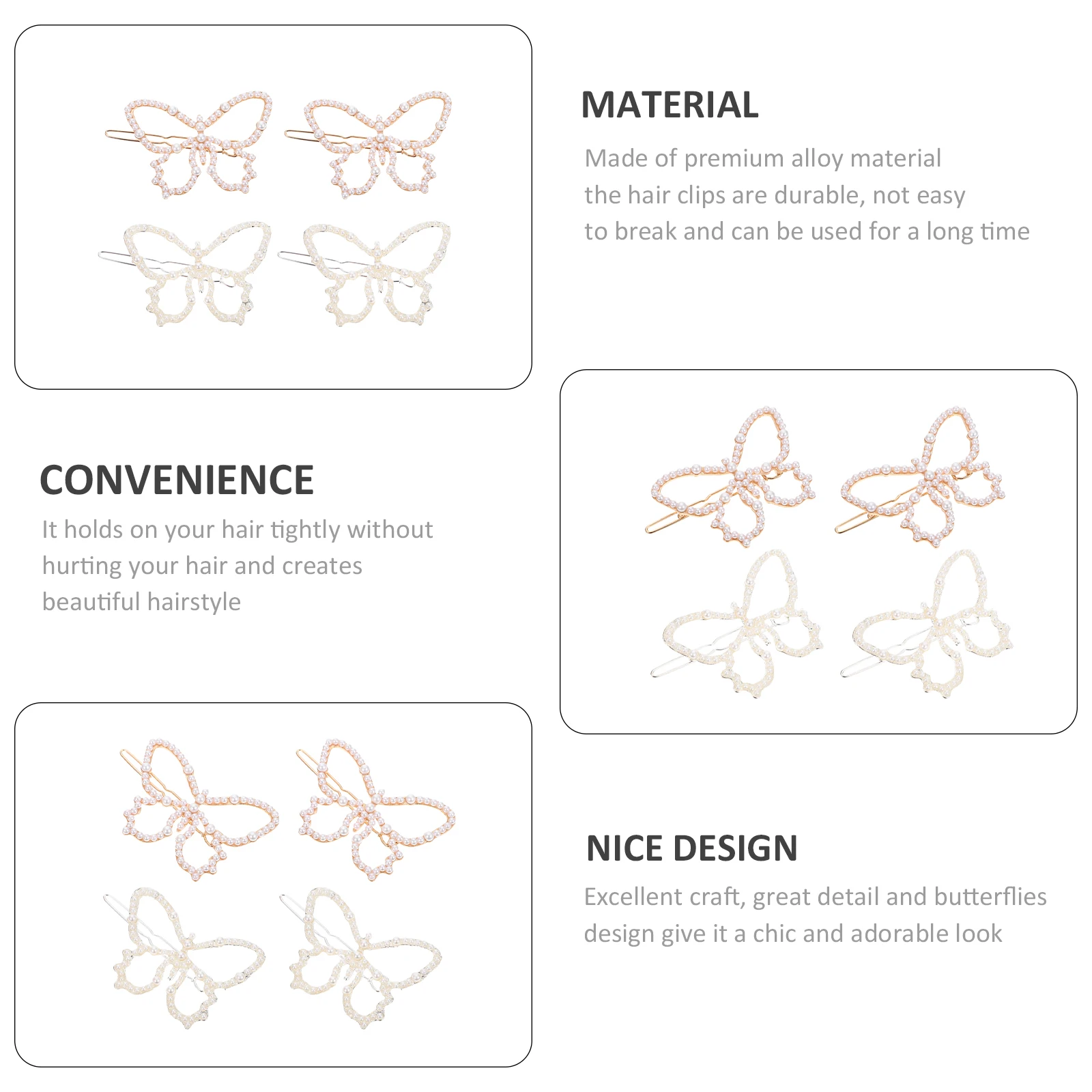 

4pcs Pearl Clips Premium Alloy Durable Hair Accessories for Women Adorable Wedding.Butterflies Design Hairpins Hair Clips