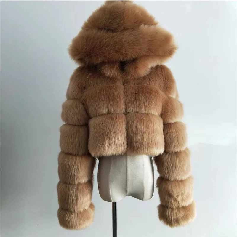 2025 New Women High Quality Furry Cropped Faux Fur Coats Jackets Fluffy Top Coat With Hooded Winter Fur Jacket Manteau Femme