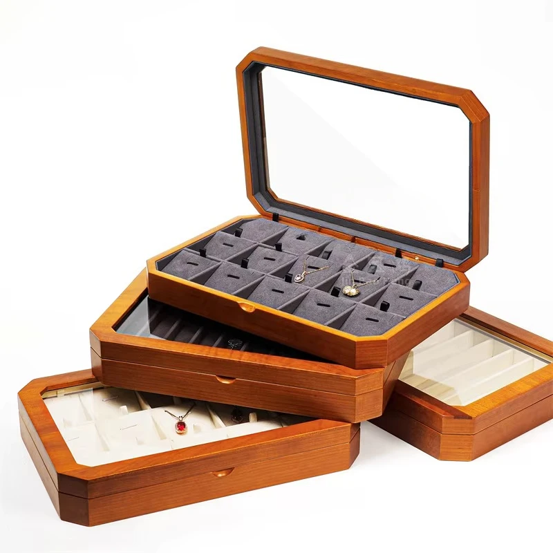 High-grade octagonal solid wood jewelry display tray transparent lid ring pendant bracelet storage box