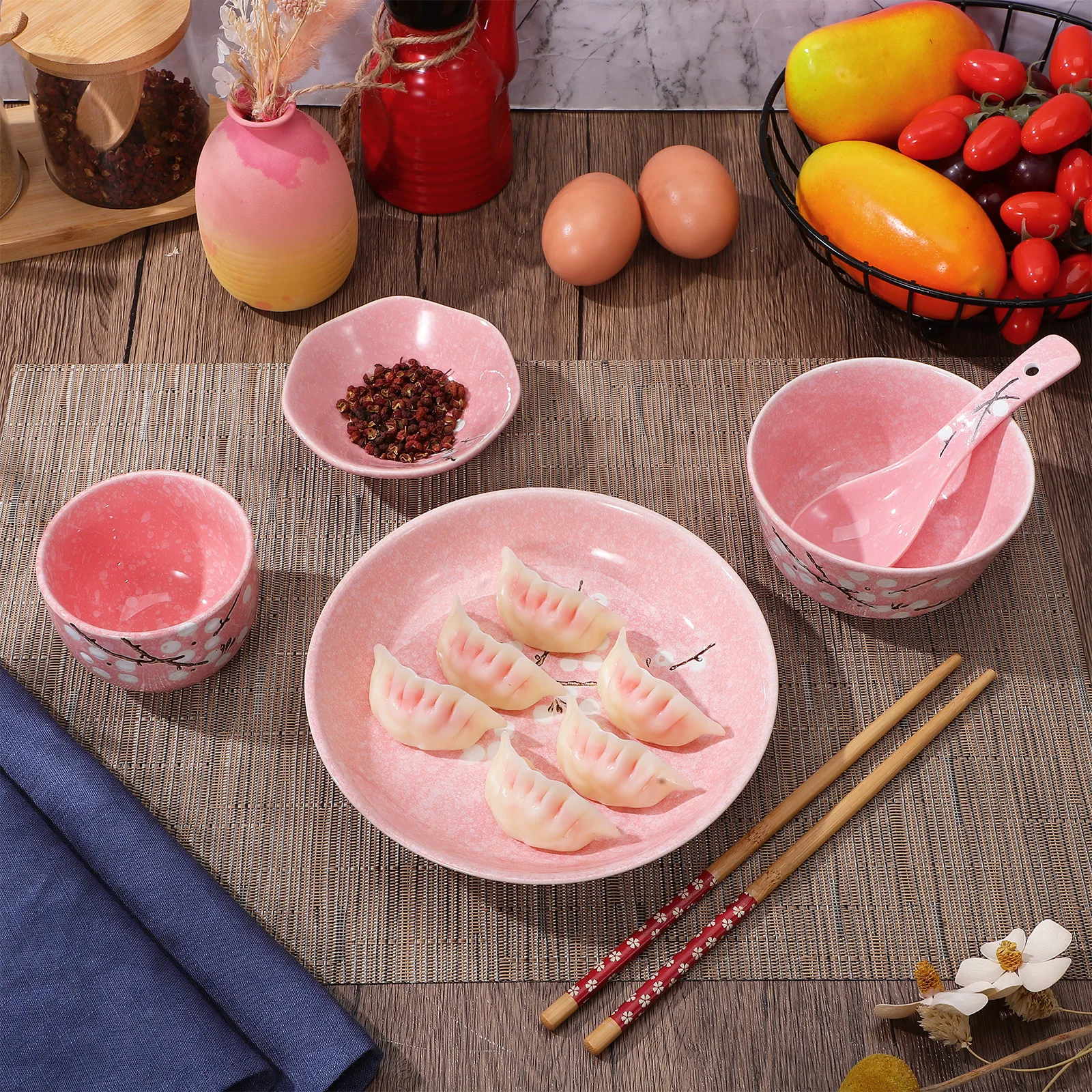 

6Pcs Japanese Style Ceramic Tableware Set Pink Modern Kitchen Cutlery Creative Dinnerware Kit Environmentally Friendly Safe