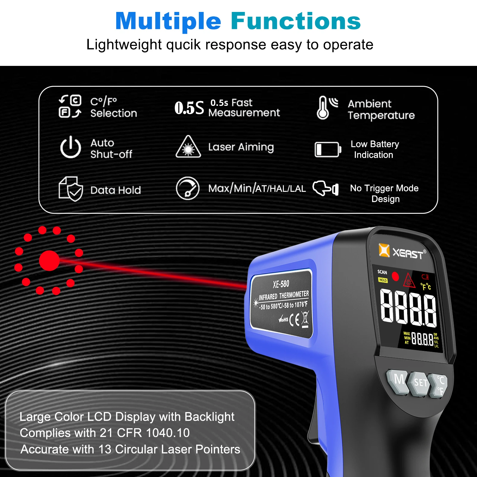 XEAST XE-580 Termometro digitale Laser Pistola di temperatura professionale industriale senza contatto per uso domestico con LCD laser a infrarossi