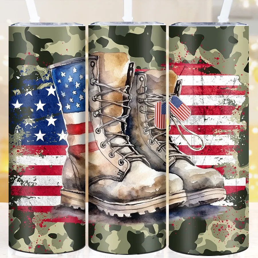 20oz Skinny Straight Water Bottle Straw Lid 1Pc 3D Print Camouflage Boots Father's Day Gifts For Dad Insulated Vacuum Tumblers