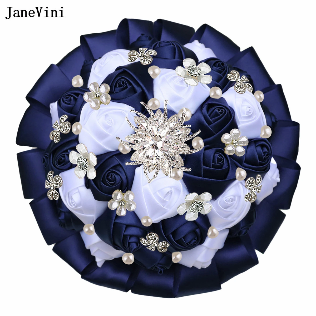 JaneVini Navy Blue White Bride Wedding Flowers Bridal Bouquets Bling Crystal Pearl Artificial Satin Roses Wedding Brooch Bouquet