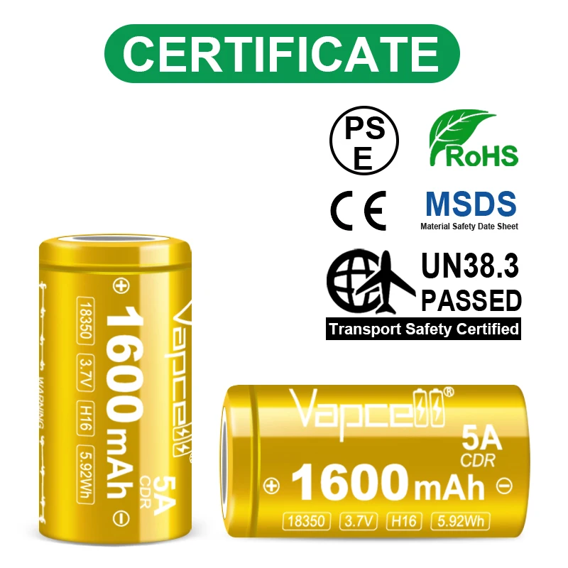 1-10 piece Newest Original Vapcell H16 18350 1600mah Battery INR18350 3.7V 5A Rechargable Batteries Li-ion Battery Gold Cells