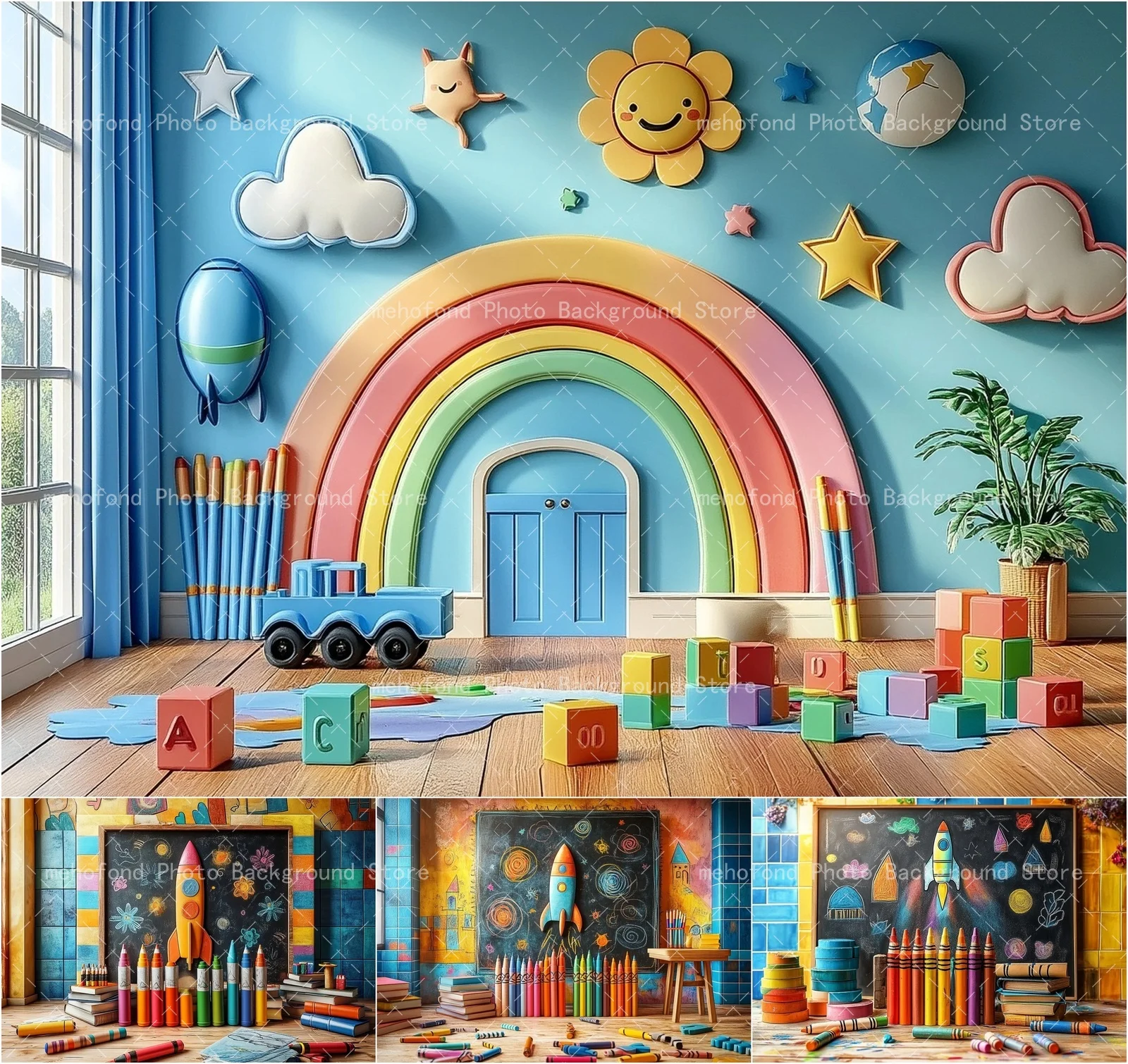 Mehofond Back to School Photography Background Rainbow Fairy Tale House Colorful Building Blocks Crayon Kids Photo Decoration