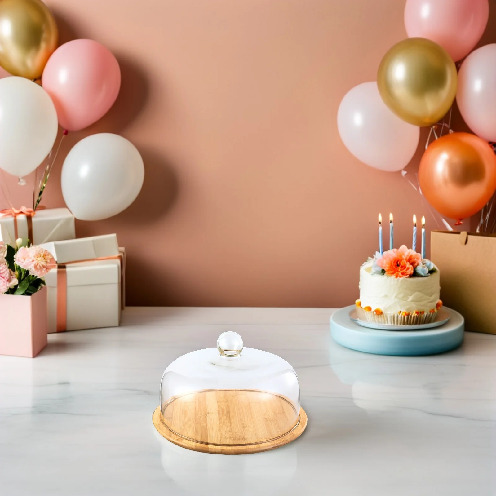 

1 set 1 Set Cake Tray Glass Cover Wood Base Large Capacity Dessert Display Stand For Party Wedding Bakery Cake Plate Food Holder