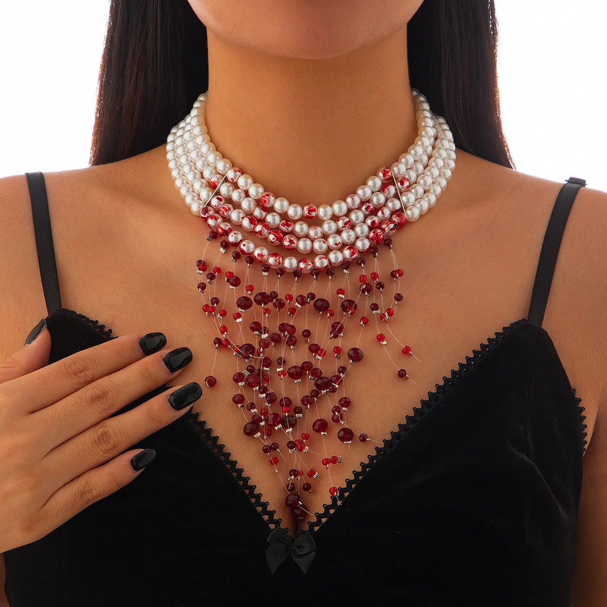 KMVEXO-collar de cadena de perlas de imitación de sangre roja gótica para mujer, colgante de cuentas de cristal de borla larga, joyería de fiesta de Halloween
