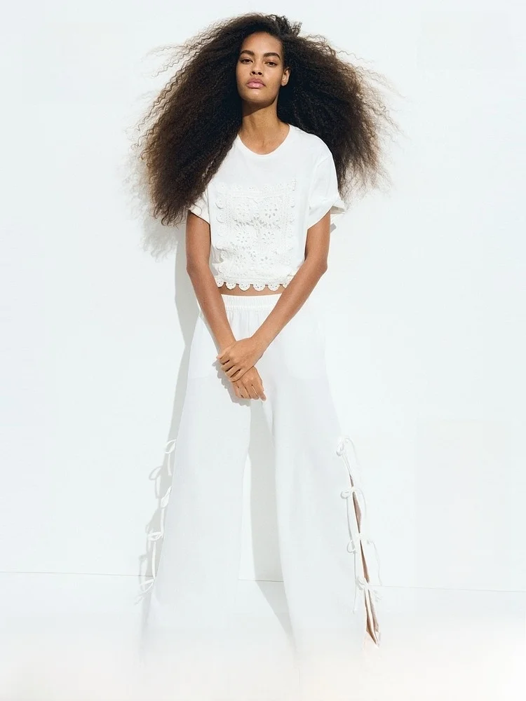 

Женские летние джинсы H&M с широкими штанинами, на эластичной резинке, свободного кроя, повседневные, из смесового хлопка, удобные, модные брюки для отдыха