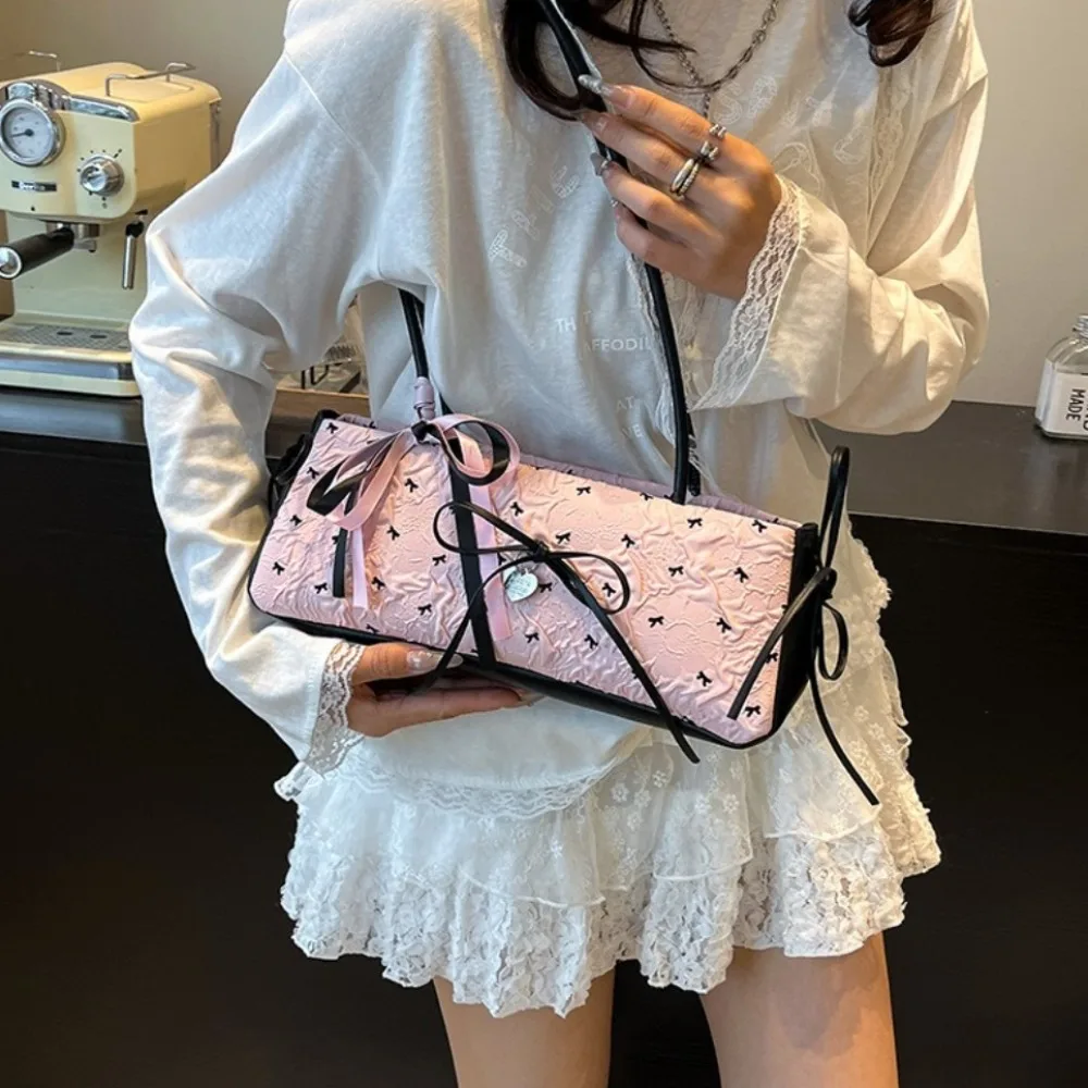 

Korean French Bow Ribbon Shoulder Bag Y2K Commuting French Stick Underarm Bag Leisure Zipper Armpit Bag Girls
