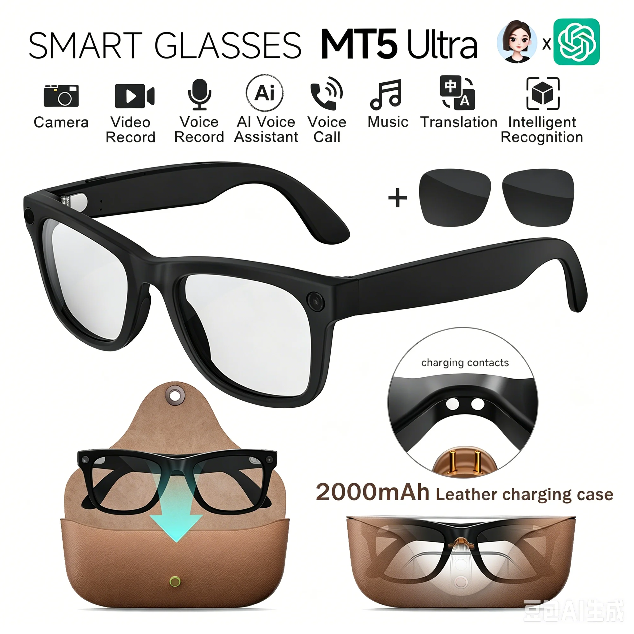 MT5 Ultra Smart Glasees With 800W HD Camera Video Recording AI Photo Recognition Bluetooth Call Translation Voice Sunglasses Man