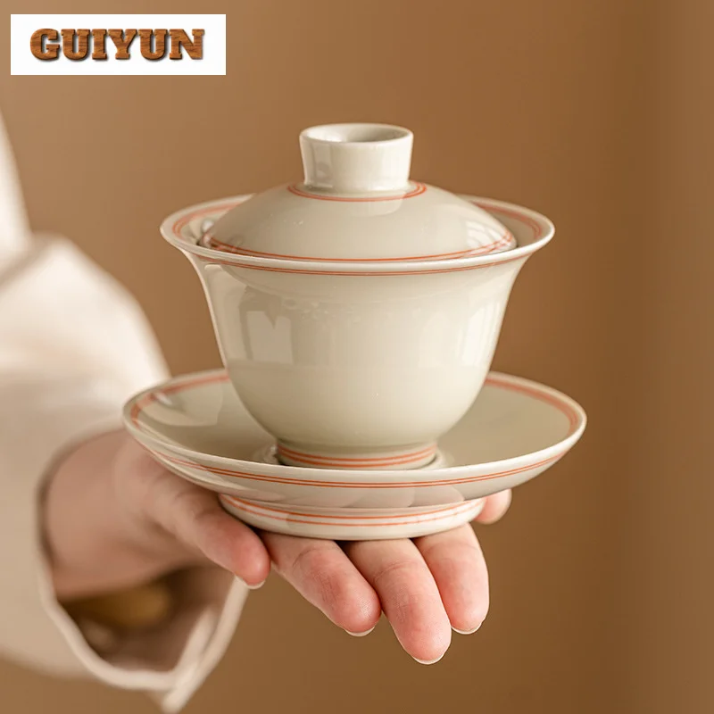 

110ml Retro Grass Wood Gray Glaze Gaiwan Aesthetic Doule Line Three Talented Tea Tureen Tea Maker Cover Bowl Tea Item Decoration