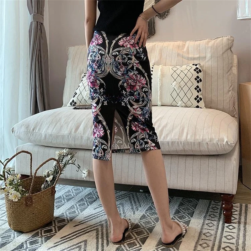 Oversize S-XXL Vintage Print Midi Skirts Casual High Waisted Long Skirt with Slit Elegant Work Office Skirts Daily Wear