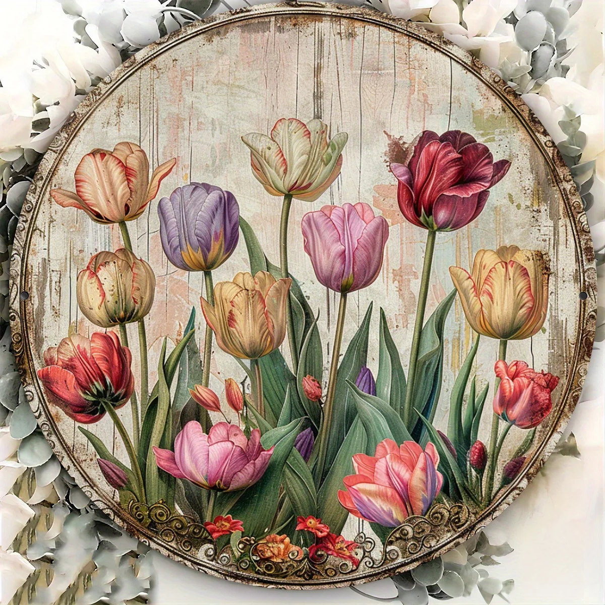 Retro Style 2D Flat, Round Wooden Wall Art with Vibrant Tulip Design - Handcrafted Wooden Frame, Rustic Floral Art for Home, Caf