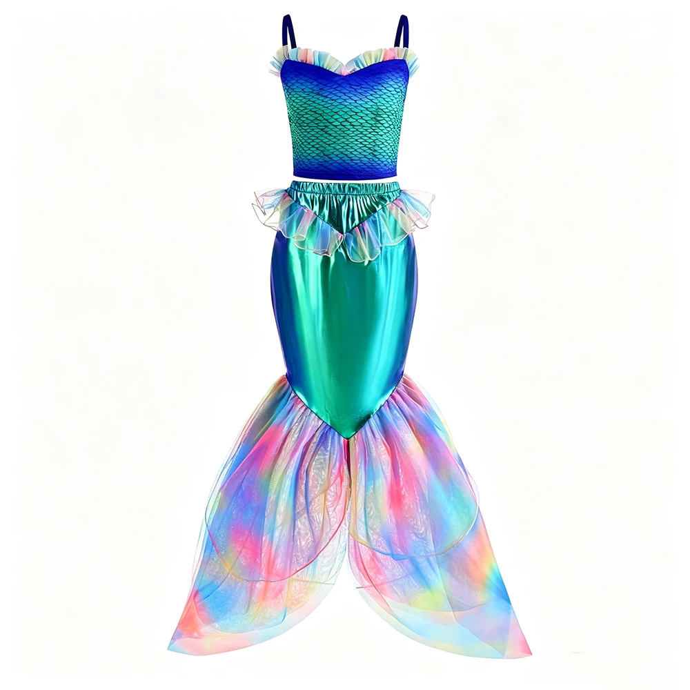Blaues Meerjungfrauen-Kostüm für Mädchen, Zweiteiliges Set für Geburtstagsfeier, Halloween-Kostüme, Prinzessinnen-Cosplay – Detail 3