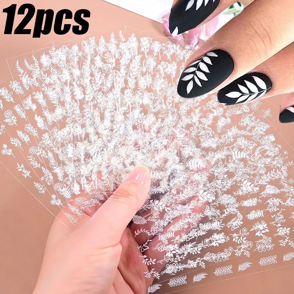 

12 шт. 3D винтажные наклейки для ногтей с белыми листьями и цветами, 3D самоклеящиеся наклейки для ногтей в стиле ретро с цветком розы, 8*10 см, принадлежности для ногтей с листьями D9