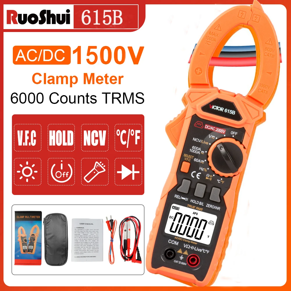 RuoShui Digital Clamp Meter Multimeter 1500V DC/AC Voltage Current 6000Counts Resistance Capacitance Frequency Temp NCV Diode Te
