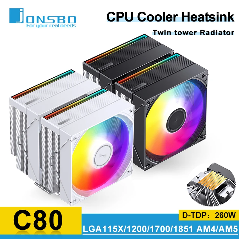 Jonsbo CB80 Air Cooling CPU Radiator 6 Heat Pipes Twin Tower Radiator Double Fans Heatsink Tube Heat Dissipator For LGA1700 AM5