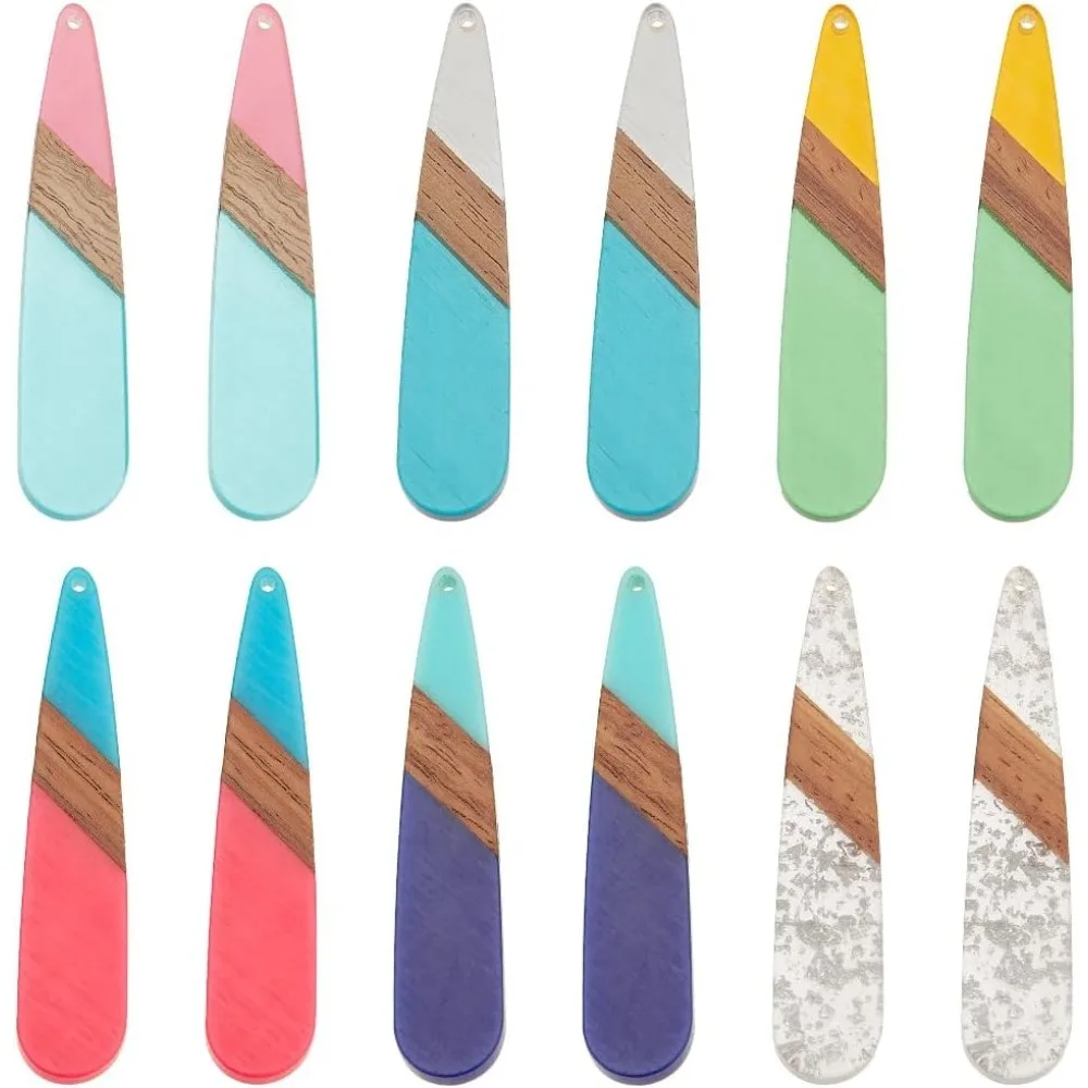 

12Pcs 6 Colors Resin Wood Charms Teardrop Charms Walnut Wood Big Pendants 53.5x11mm Vintage Statement Earrings Charms