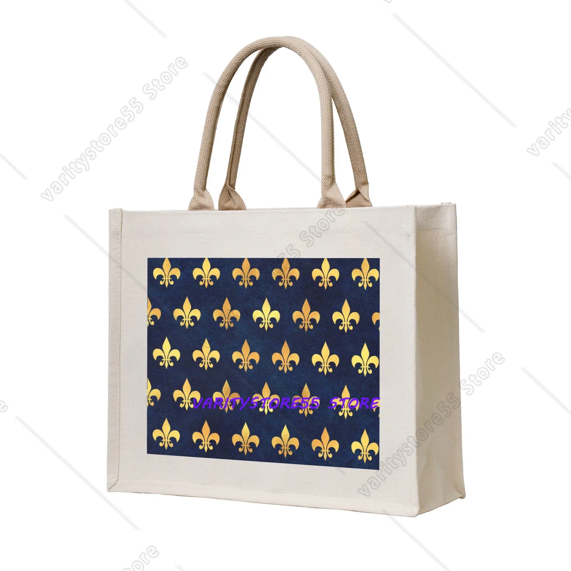 Recycling Royal Gold Blue Grunge Fleur De Lis Shopping Bag Women Tote Bag Portable Lily Flower Grocery Shopper Bags