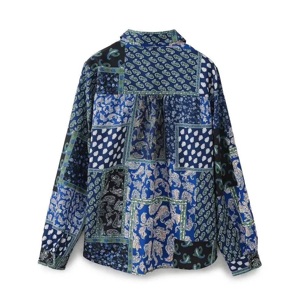 PB&ZA2025 Camicia con texture in raso di seta stampata patchwork dimagrante allentata a maniche lunghe casual versatile delle nuove donne estive