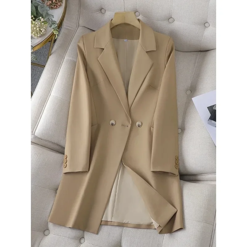 Women Autumn Winter Long Blazer Apricot Black Solid Office Ladies Female Work Wear Formal Jacket Coat