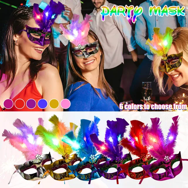 Świecące pióra maski LED Wenecja karnawał Halloween boże narodzenie rozświetlają maski Masquerade urodziny wesele przebranie na karnawał