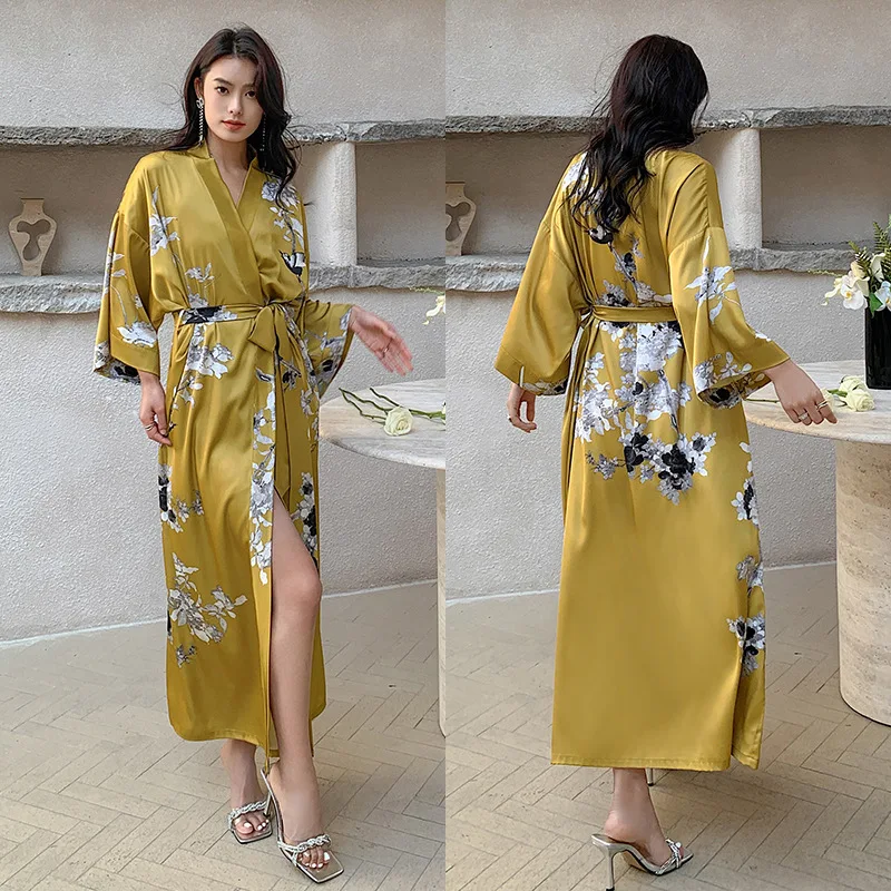 Women's Spring and Summer Thin Ice Silk Satin Atmospheric National Style Luxury Lace-up Morning Gown Loungewear New Nightgown