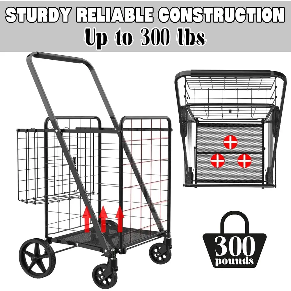 Carrinho dobrável durável com sacola impermeável, 360 °   Rodas giratórias, cestas duplas, carga de 300 libras para compras, lavanderia, camping
